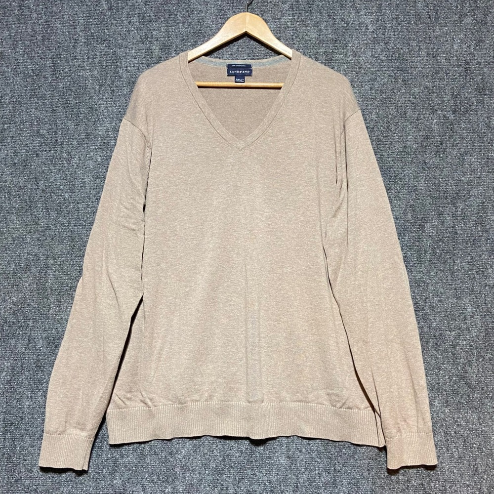Lands End Mens XXL Tall Tan Supima Cotton V-Neck Sweater Beige Knit Pullover